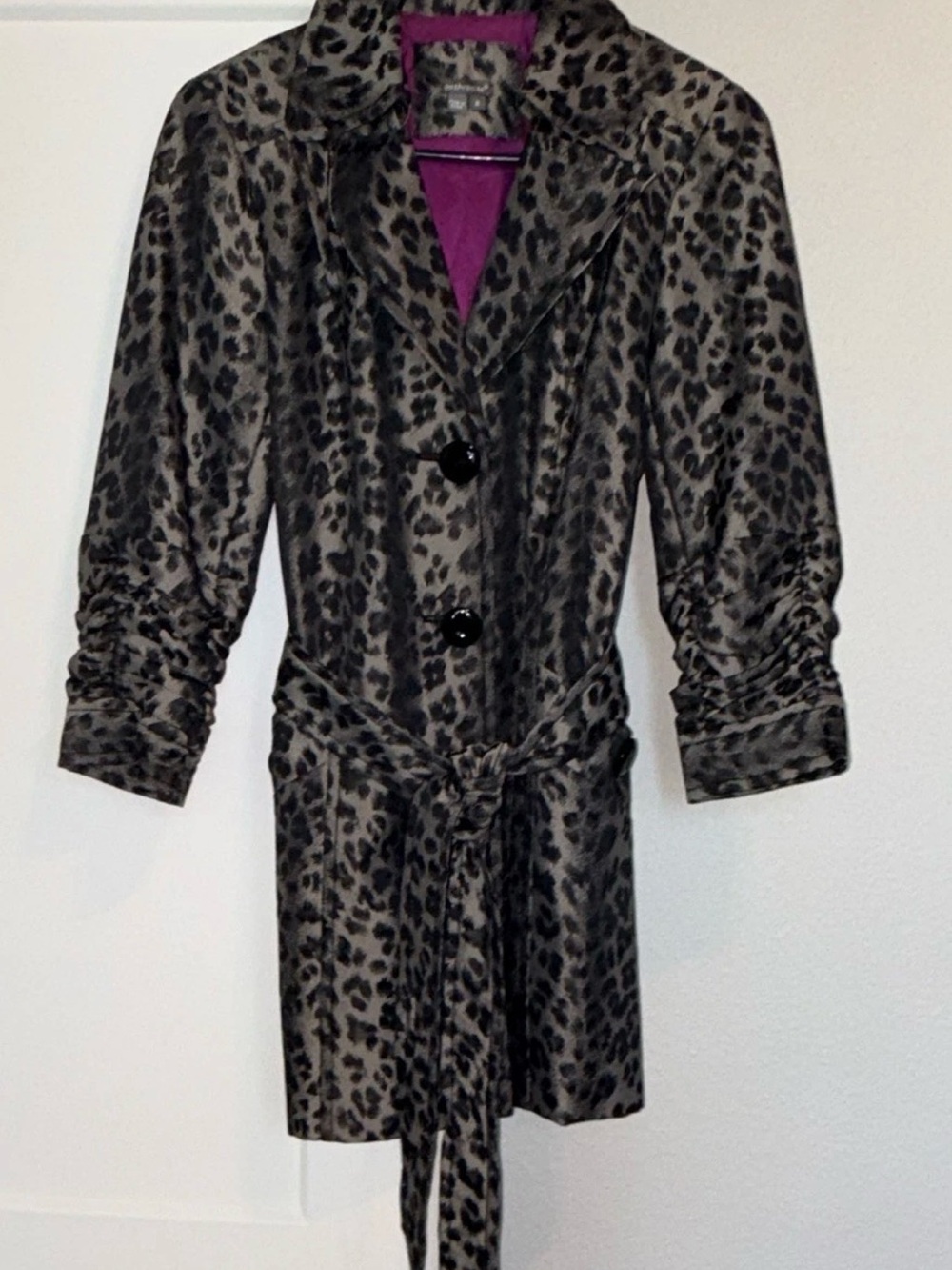 Anthracite Leopard Print Belted Trench Coat Fuchsia Lining - Vintage Size 6